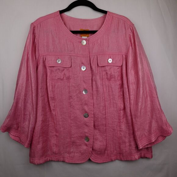 Ruby Rd. Jackets & Blazers - Ruby Rd Shacket Top Jacket Sz 18W Shimmery Pink 3/4 Sleeve Pockets Button Blazer